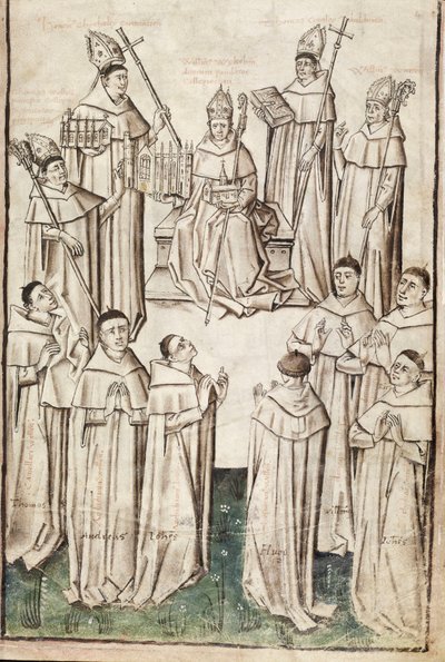 Ms. New Coll 288, f4r. (Chaundler-käsikirjoitus), Thomas Chaundlerin William of Wykehamin elämä (kynä ja muste ja tempera perunakalvolla) tekijältä English School
