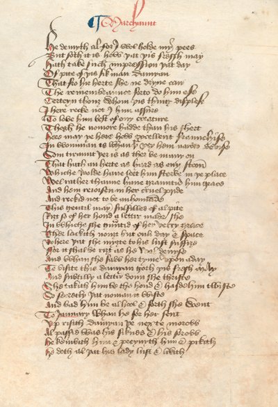 Ms. New Coll 314, f90v, The Canterbury Tales, kirjoittanut Geoffrey Chaucer (kynä ja muste perunakalvolla) tekijältä English School