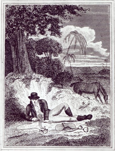 Mungo Park Afrikassa, kuvitus teoksesta "Travels in the interior districts of Africa: performed in the years 1795, 1796, and 1797", julkaistu vuonna 1816 (painettu). tekijältä English School