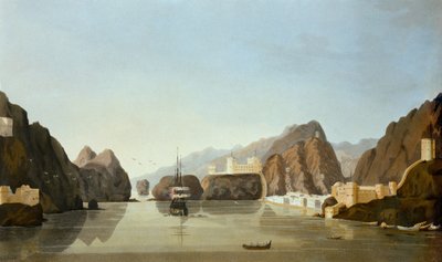 Muscat satamasta brittiläisen fregatin kanssa ankkurissa, Luutnantti R. Templen teoksesta Sixteen Views of Places in the Persian Gulf, julkaistu 1813 (akvatinta) tekijältä English School