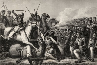 Kapinallisen ratsuväen hyökkäys jalkaväen ruudun kimppuun Cawnporen taistelussa vuonna 1857, vuodelta 1858 peräisin oleva teos "The History of the Indian Mutiny". tekijältä English School