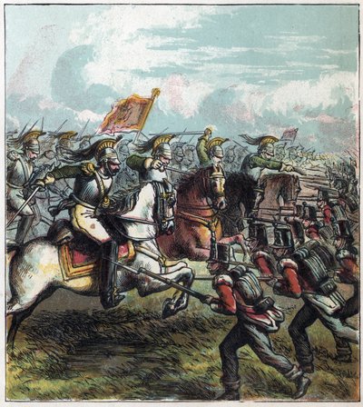 Napoleonin sota: Waterloon taistelu 18.6.1815. Napoleon I:n ranskalainen ratsuväki hyökkäsi Englannin armeijaa vastaan, ranskalaisten tappio merkitsi Napoleon I:n valtakunnan loppua. Waterloon taistelu tekijältä English School