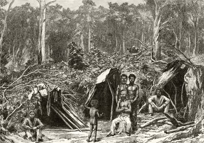 Native Aboriginie Encampment, n. 1880, Howard Willoughbyn "Australian Pictures" -julkaisusta, julkaisija Religious Tract Society, Lontoo, 1886 tekijältä English School