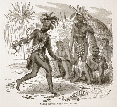 Native Sorcerer and Rain-maker, kuvitus J. Ewing Richien David Livingstonen elämän ja löytöjen kuvapainoksesta, pub. kirjoittanut A. Fullarton & Co., 1876 tekijältä English School