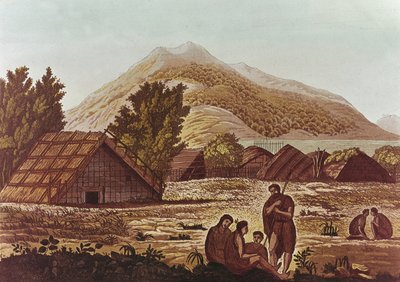 Alkuperäiset, takana majoja ja vuoria, kaiverrus F. Fumagalli (värikaiverrus) tekijältä English School