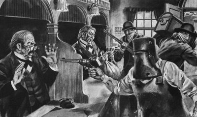 Ned Kelly hyökkäämässä pankkiin (litho) tekijältä English School