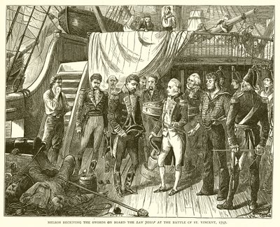 Nelson vastaanotti miekat San Josefin aluksella St. Vincentin taistelussa 1797 tekijältä English School