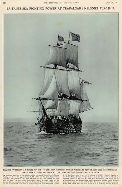 Nelsons Victory: malli 100 aseesta, jossa hän taisteli ja kuoli Trafalgarissa, The Illustrated London News Royal Naval and Military Review Number, 20. heinäkuuta 1935 tekijältä English School