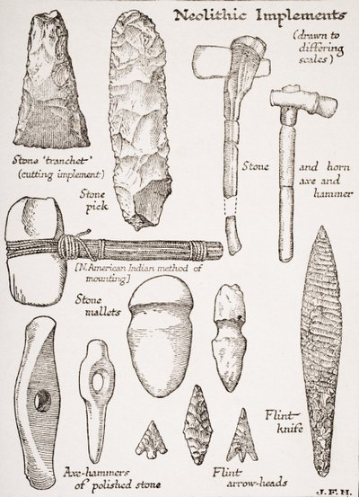 Neolithic Implements, kuvitus H.G. Wellsin teoksesta "The Outline of History", osa I, julkaistu vuonna 1920 tekijältä English School