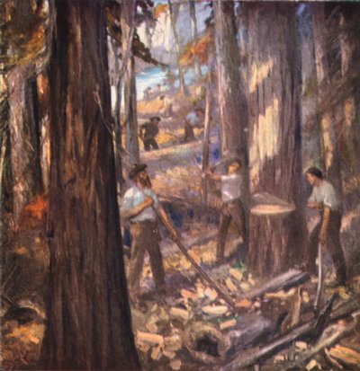 New Brunswick, William Davidson, Kanadan ensimmäinen puutavaramies, leikkaa mastoja Britannian laivastolle (värilitografia). tekijältä English School