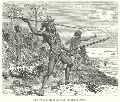 New Caledonin asukkaat puolustamassa rannikkoaan (kaiverrus) (kaiverrus) tekijältä English School