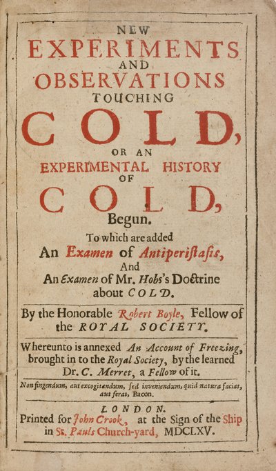 Uusia kokeita ja havaintoja kylmästä tai kylmän kokeellisesta historiasta, Robert Boyle tekijältä English School