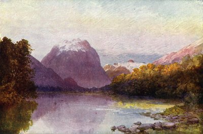 Uusi-Seelanti: Te Anau -järven päässä (värilitografia). tekijältä English School