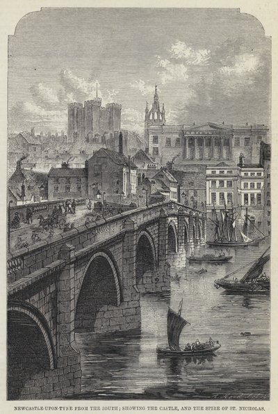 Newcastle-upon-Tyne etelästä, jossa näkyy linna ja Pyhän Nikolauksen torni (kaiverrus) tekijältä English School