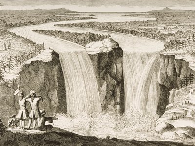 Niagaran putoukset isä Hennepinin vuonna 1677 tekemän luonnoksen mukaan, Religious Tract Societyn julkaisemasta teoksesta "American Pictures", 1876. tekijältä English School