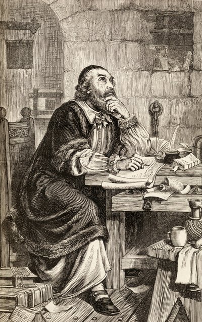 Nicholas Ridley kirjoittaa kirjeitä vankilassa odottaessaan teloitustaan, n. 1865 (puukaiverrus) tekijältä English School