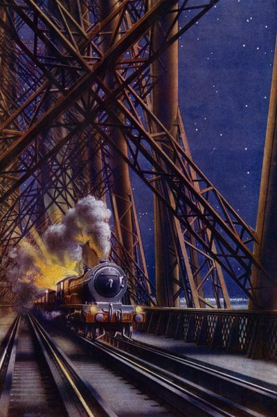 Yöjuna ylittää Forth Bridgen, Skotlanti (väri litho) tekijältä English School