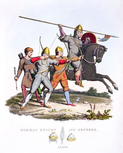 Norman Knight ja Archers, 1066, Ancient Armourista, Samuel Rush Meyrick, 1824 tekijältä English School
