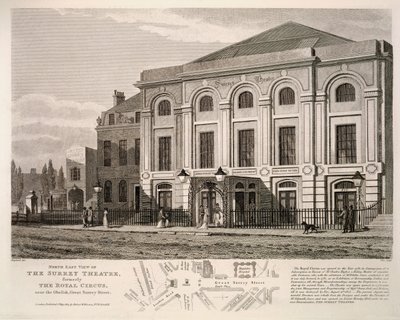 Koillisnäkymä Surrey-teatterista, entinen kuninkaallinen sirkus lähellä obeliskia, Great Surrey Street, 1814 tekijältä English School