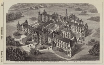 North Staffordshire New Infirmary, Hartshill, Stoke-upon-Trent, Mr G B Nichols ja herra Charles Lynam, arkkitehdit (kaiverrus) tekijältä English School