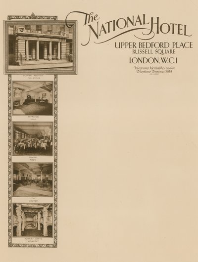 Muistipaperi National Hotelista, Upper Bedford Place, Russell Square tekijältä English School