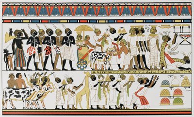 Nubian päälliköt tuomassa lahjoja Egyptin kuninkaalle, kopio muinaisen egyptiläisen seinämaalauksesta Thebassa sijaitsevasta haudasta, noin 1380 eKr., Prof. Friedrich Ratzelin teoksesta The History of Mankind, Vol. III, prof. Friedrich Ratzel, 1898 tekijältä English School