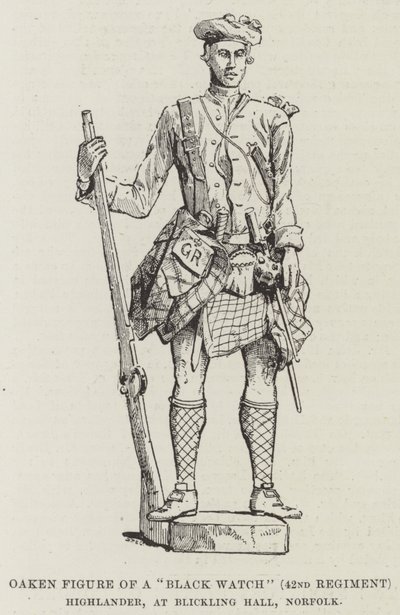 "Musta kello" (42. rykmentti) Highlanderin tammihahmo, Blickling Hallissa, Norfolkissa (kaiverrus) tekijältä English School