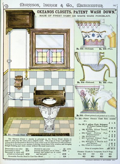 Okeanos Closets saniteettitavaraluettelosta, jonka on valmistanut Morrison, Ingram & Co., Manchester, julkaistu noin 1890 tekijältä English School