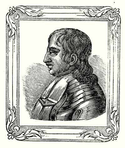 Oliver Cromwell syntyi vuonna 1599, tehtiin Protectoriksi vuonna 1653 ja kuoli vuonna 1658 (kaiverrus) tekijältä English School