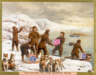 Matkalla pohjoisnavalle, mainoskortti Huntley & Palmers Biscuitsille, n. 1890 tekijältä English School