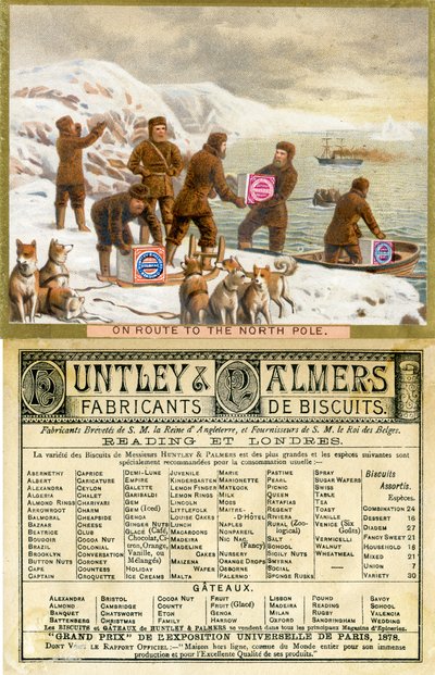 Reitillä pohjoisnavalle Ranskan markkinoille tuotetun Huntley & Palmers Biscuits -kampanjakortin etu- ja takapuoli, 1890 tekijältä English School