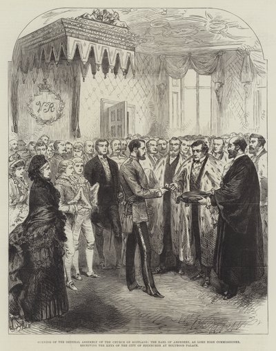 Skotlannin kirkon yleiskokouksen avaus, Earl of Aberdeen, Lord High Commissioner, vastaanottamassa Edinburghin kaupungin avaimet Holyrood Palacessa (kaiverrus) tekijältä English School