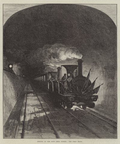 Mont Cenis -tunnelin avaaminen, ensimmäinen juna (kaiverrus) tekijältä English School