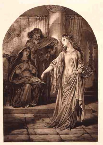 Ophelia, William Shakespearen (1564-1616) Hamletissa (kaiverrus) tekijältä English School