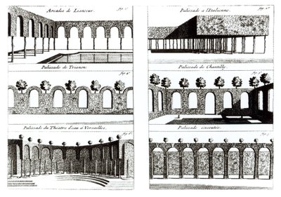 Palisade-suunnitelmat teoksesta Theory and Practice of Gardening, Antoine-Joseph Dezallier DArganville (1680-1765), julkaistu noin 1709 tekijältä English School