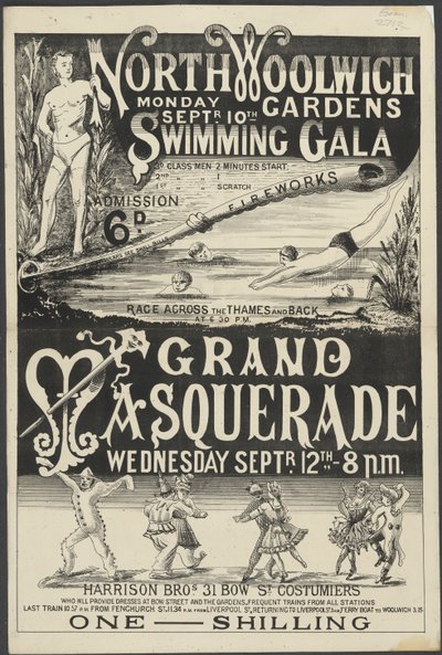 Esite "Uimagaala ja Grand Masquerade, North Woolwich Gardens" tekijältä English School