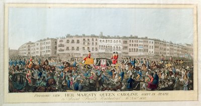 Panoramanäköala. Hänen Majesteettinsa kuningatar Caroline menossa osavaltioon St. Paulin katedraaliin, 20. marraskuuta 1820, pub. 1821 (akvatinta paperilla) tekijältä English School