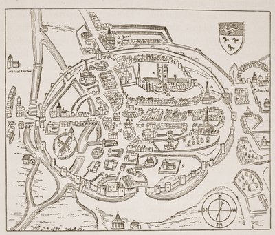 Panoraamanäkymä Canterburysta 1500-luvulla, kuvitus Englannin kirkosta: Ihmisten historia, H.D.M. Spence-Jones, pubi. n. 1910 (seepiavalokuva) tekijältä English School