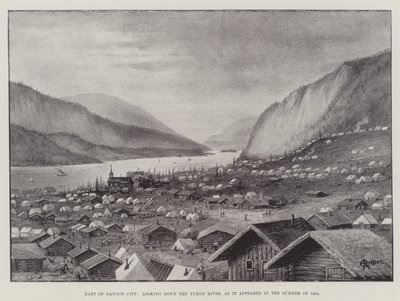Osa Dawson Cityä, joka katsoo alas Yukon-joelle, sellaisena kuin se ilmestyi kesällä 1898 (litho) tekijältä English School