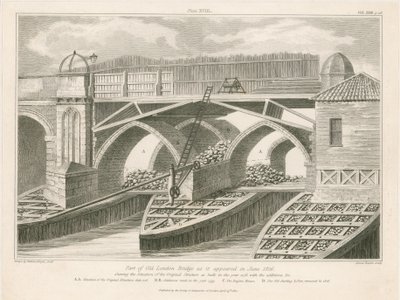 Osa Old London Bridgeä sellaisena kuin se ilmestyi kesäkuussa 1826 tekijältä English School