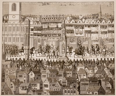 Osa Edward VI:n kruunauskulkueesta 1547 1500-luvun akvarellin jälkeen (seepiakuva) tekijältä English School