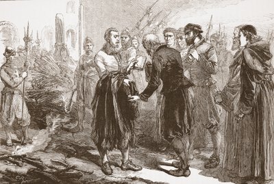 Patrick Hamiltonin eroaminen ystävistään roviolla, kuvitus James Aitken Wylien (1808-1890) teoksesta The History of Protestantism, pub. 1878 tekijältä English School