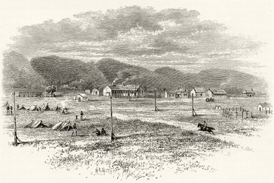 Peake Overland Telegraph Station, Etelä-Australia, n. 1880, Howard Willoughbyn "Australian Pictures" -julkaisusta, julkaisija Religious Tract Society, Lontoo, 1886 tekijältä English School