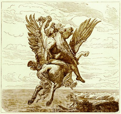 Perseus siivekkäällä hevosella Pegasus, Medusas-pää, kuvitus teoksesta The Illustrated History of the World, julkaistu n. 1880 (digitaalisesti paranneltu kuva) tekijältä English School