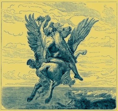 Perseus siivekkäällä hevosella Pegasus, Medusan pää, kuvitus julkaisusta "The Illustrated History of the World", julkaistu n. 1880 (digitaalisesti paranneltu kuva) tekijältä English School
