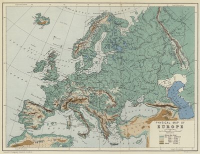 Euroopan fyysinen kartta (värillinen litografia) tekijältä English School