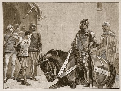Piers Gaveston ennen Earl of Warwickia, kuvitus Cassells Illustrated History of Englandista (seepiakuva) tekijältä English School