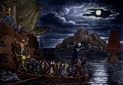 Merirosvot nousevat espanjalaisalukseen, Länsi-Intia, kuvitus teoksesta "The History and Lives of the Most Notorious Pirates" (Pahamaineisimpien merirosvojen historia ja elämä). tekijältä English School