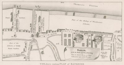 Thames-joen Bankside-suunnitelma, joka perustuu kuningatar Elisabetin hallituskaudella tehtyyn muinaiseen tutkimukseen, jossa näkyy härkä ja karhu syöttivät tekijältä English School