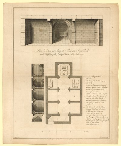 Kuninkaallisen holvin suunnitelma kuningas Henry VII:n kappelin alla, Westminster Abbey, rakennettu 1737 tekijältä English School
